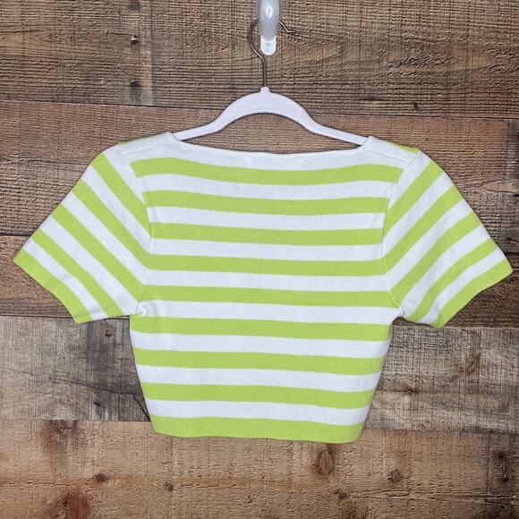 NEW ZARA Striped Square Neck Crop Top Short Sleeve Neon Green White Size Large - Picture 6 of 9